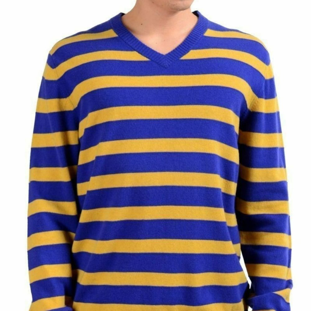 Hugo Boss "Maceo" Men's 100% Wool Regular Fit V-Neck Striped Sweater Size XL